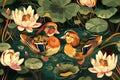 A couple of mandarin ducks and water lilies in a pond, art illustration poster, green background Royalty Free Stock Photo