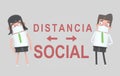 Couple with a mask separated by big caution spanish text Distancia Social. 3d illustration. Isolated.