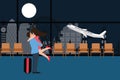 Couple meet at airport landing take off departure night love farewell plane background