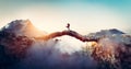 Couple meet halfway on mountain bridge. Love and reunion