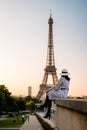 Couple men an woman honeymoon Paris Eiffel tower, couple men and woman city trip in Paris Royalty Free Stock Photo