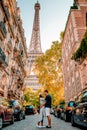 couple men an woman honeymoon Paris Eiffel tower, couple men and woman city trip in Paris Royalty Free Stock Photo