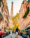 couple men an woman honeymoon Paris Eiffel tower, couple men and woman city trip in Paris Royalty Free Stock Photo