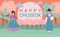 A couple of men and women wearing Hanbok on Chuseok, a traditional Korean holiday. Korean Thanksgiving Day.