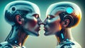 Couple of metal and neon lights about to kiss. Robots in love. Humanoids kissing.