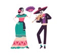 Couple of Mexican skeletons in costumes dance and play music on Day of Dead. Catrina in dress and man with skull in