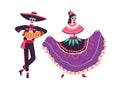 Couple of Mexican skeletons, man and woman dance to music on Day of Dead in Mexico. Catrina and skull in sombrero hat Royalty Free Stock Photo