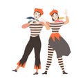 Couple of mimes performing pantomime. Silent male and female actors character taking part at show cartoon vector Royalty Free Stock Photo
