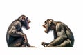 Couple of monkeys sitting next to each other on top of white surface. Generative AI Royalty Free Stock Photo