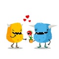 Couple of monsters celebrating Valentine`s Day with carnivorous plant as a gift. Cute cartoon greeting card