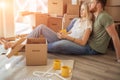 Couple moving new home. Happy people buy new apartment Royalty Free Stock Photo