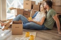 Couple moving new home. Happy people buy new apartment Royalty Free Stock Photo