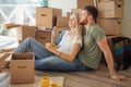 Couple moving new home. Happy people buy new apartment Royalty Free Stock Photo