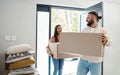 Couple moving, new house and box with happiness, man and woman, real estate property and home owner. People carrying Royalty Free Stock Photo