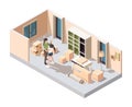 Couple moving packing. Happy young family opening packages in new house home apartments vector isometric concept