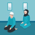 Couple muslim praying concept. men and women praying isometric vector llustration