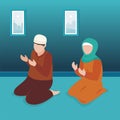 Couple muslim praying concept. men and women praying isometric vector llustration