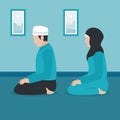 Couple muslim praying concept. men and women praying isometric vector llustration
