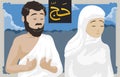 Couple of Muslim Pilgrims Praying During Hajj Pilgrimage with Crowd, Vector Illustration