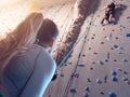 Couple mutual agreement. Support concept. Climbering in boulder gym. Royalty Free Stock Photo