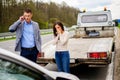 Couple near broken car on a roadside Royalty Free Stock Photo