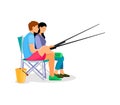 Couple near the lake on chairs, with fishing rods, fishing.