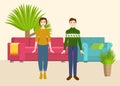 Couple in new home with sofa and armchair and home plants. vector illustration. People moving house. Buying or rental Royalty Free Stock Photo