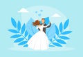 Couple of Newlyweds Dancing, Bride and Groom Characters at their Wedding Party Flat Vector Illustration