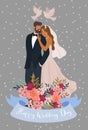 Couple of newlyweds with pigeons and ribbon with text Cute vector wedding illustration Royalty Free Stock Photo