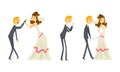 Couple of Newlyweds Set, Funny Weak Groom Character Dominated by Bride Cartoon Vector Illustration