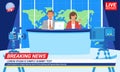 Couple news anchors reporting news in TV studio production presenters on breaking news with world map background