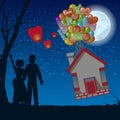Couple night house fly the balloons illustration