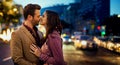 Couple, night and kiss in city for love, nose touch and bonding for romance and sweet moment. Happy, affection and Royalty Free Stock Photo