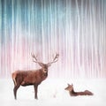 Couple of noble deer in a snowy winter forest. Christmas fantasy image.