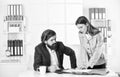 Couple in office. Business couple working. Modern business ideas. Consulting. Startup team. Business report. Successful Royalty Free Stock Photo