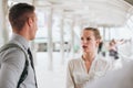 Couple office worker argue serious talking expression, business discussion or consulting together after work Royalty Free Stock Photo