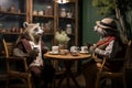 Couple of old anthropomorphic raccoon sitting at the table and drinking coffee
