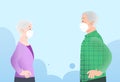 Couple of old man and old woman portrait profile wearing protective white ffp2 and kn95 masks