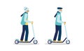 A pair of old people ride a rented electric scooter together. Seniors with gray hair on a kick scooter. Set of grandparents