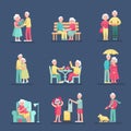 Couple old senior man and woman in different situations set. Royalty Free Stock Photo