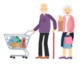 Couple old senior man, woman at the store with purchases. Grey haired elderly people together. Healthy active lifestyle Royalty Free Stock Photo