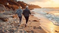 A couple of an older man and woman running on the beach, AI Royalty Free Stock Photo