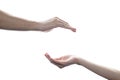 Couple open cupped hands with empty between on white isolated background