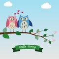 The couple of owls feeling love on the spring time background Royalty Free Stock Photo