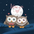 Couple of owls in love at night with message Royalty Free Stock Photo