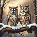 A couple of owls sitting on top of a snow covered tree. Beautiful picture of Owls. Royalty Free Stock Photo