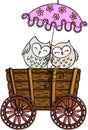 Couple owls with umbrella on wooden trolley Royalty Free Stock Photo