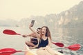 Couple paddling in a canoe