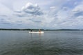 A couple paddling a canoe across Lake Woblitz