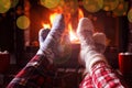 Couple in pajamas resting near fireplace, closeup. Winter vacation